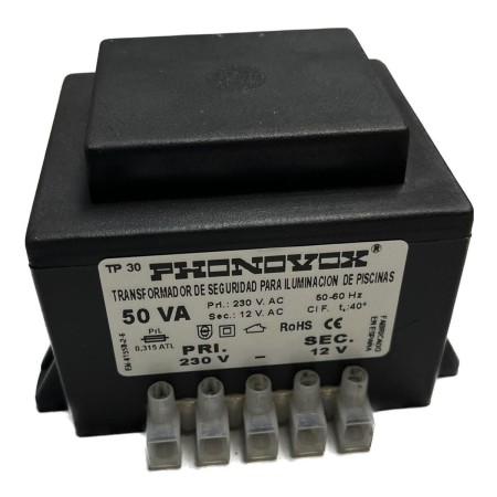Transformateur de sécurité pour l'éclairage des piscines PHONOVOX tp31050 50 VA 12 V 230 V 50-60 Hz 9,8 x 7,9 x 6,4 cm: Plus de 